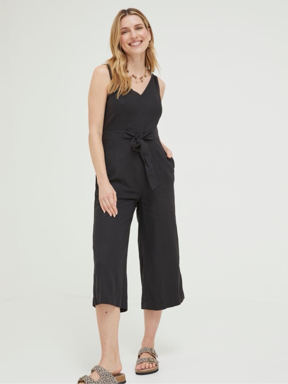 NWOT Fat Face Black Sleeveless V-Neck Jumpsuit with Tie Waist